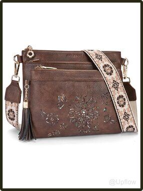 Women's Faux Leather Crossbody Bag Sunflower Cut Out Multi Pocket Wide Strap